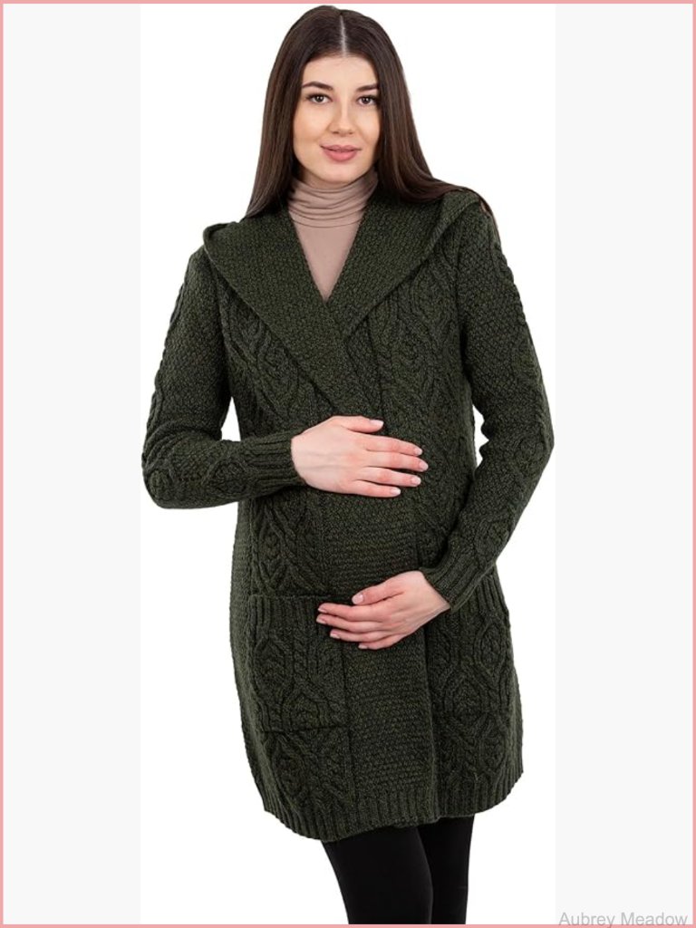 100% Merino Wool Long Cardigan Hooded Maternity Irish Knit
